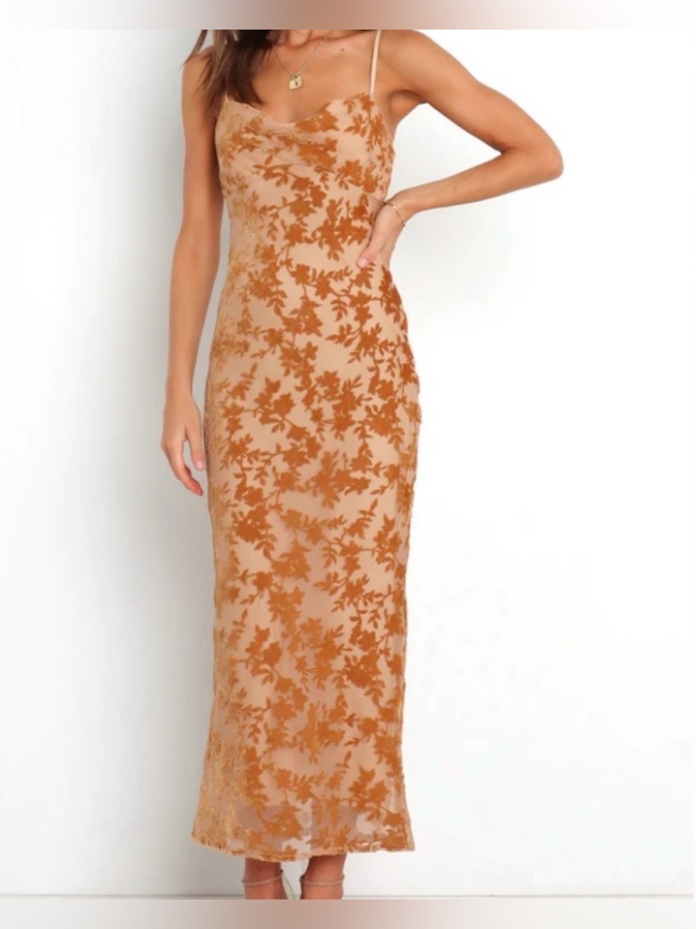 Petal + Pup Mikalina tan gold floral velvet burnout slip dress size 6
